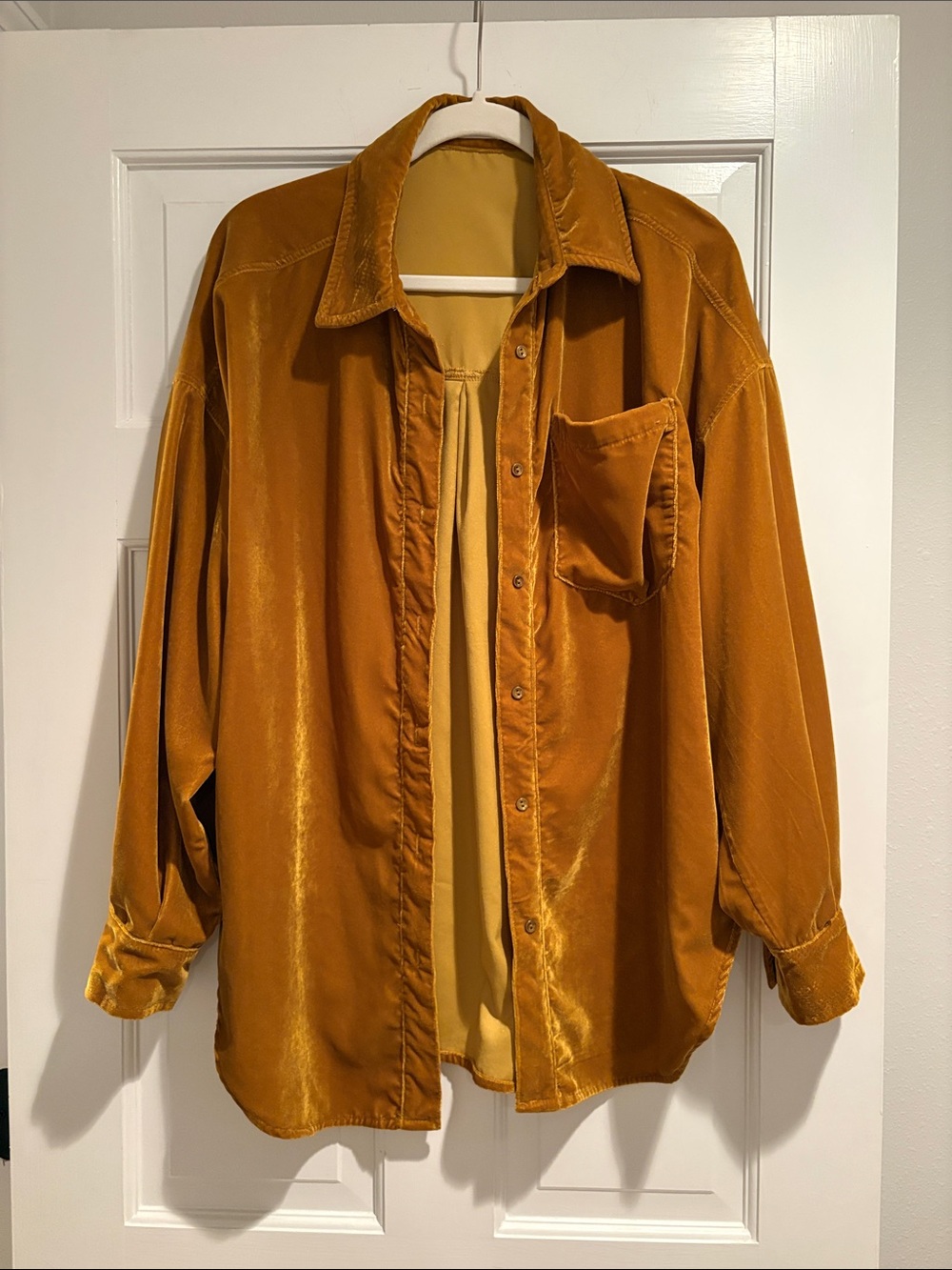 Women's Velvet Button-Down Shirt Jacket in Mustard Gold